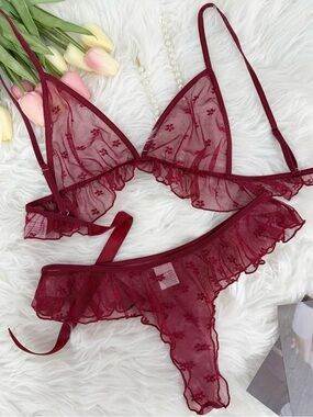 Sheer Floral Lace Ruffle Bralette & Thong Set - Burgundy